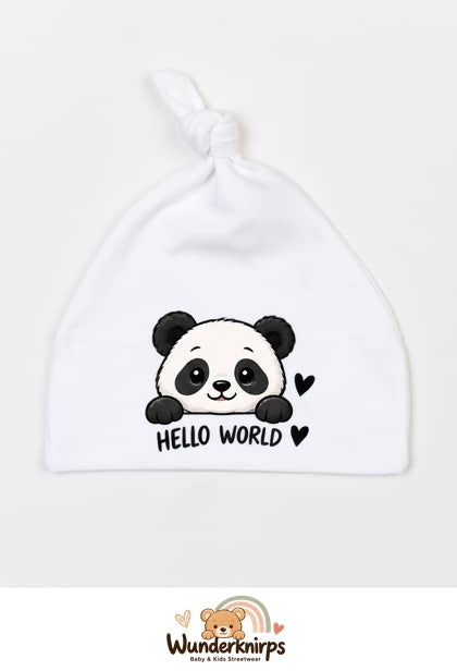 Knotenmütze Babybugz BZ15 in Weiß mit Motiv Panda Hello World