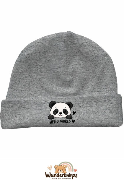 Umschlagmütze Rox-01 in Grau meliert mit Motiv Panda Hello World
