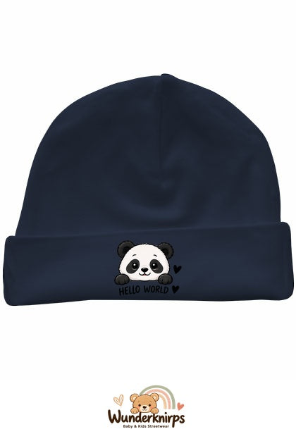 Umschlagmütze Rox-01 in Marineblau mit Motiv Panda Hello World