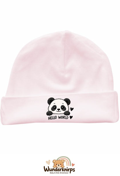 Umschlagmütze Rox-01 in Pastellrosa mit Motiv Panda Hello World