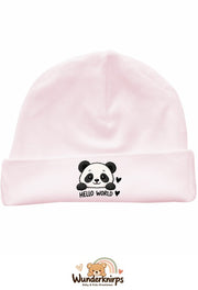 Umschlagmütze Rox-01 in Pastellrosa mit Motiv Panda Hello World