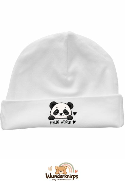 Umschlagmütze Rox-01 in Weiß mit Motiv Panda Hello World