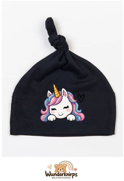 Knotenmütze Babybugz BZ15 in Schwarz mit Motiv Einhorn mit Herz