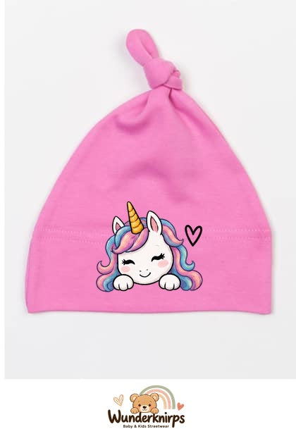 Knotenmütze Babybugz BZ15 in Bubblegum-Pink mit Motiv Einhorn mit Herz