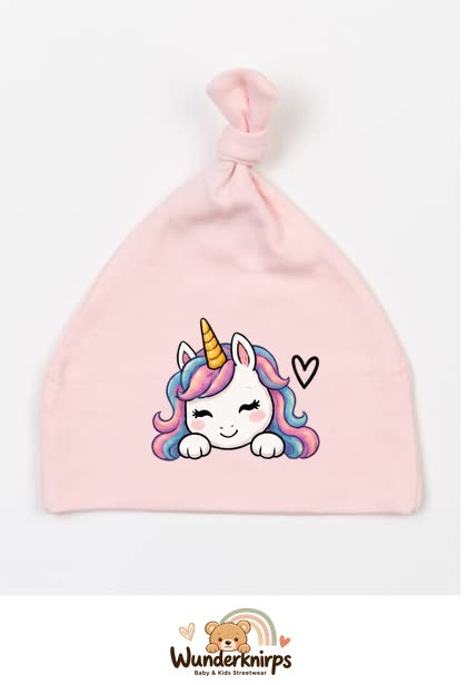 Knotenmütze Babybugz BZ15 in Pastellrosa mit Motiv Einhorn mit Herz