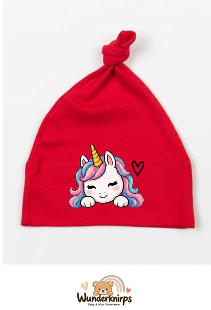 Knotenmütze Babybugz BZ15 in Rot mit Motiv Einhorn mit Herz