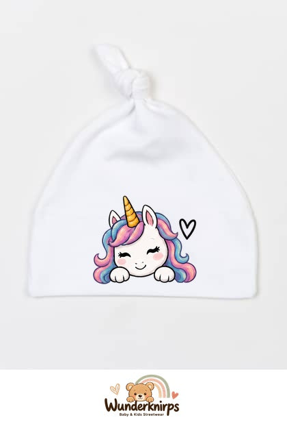 Knotenmütze Babybugz BZ15 in Weiß mit Motiv Einhorn mit Herz