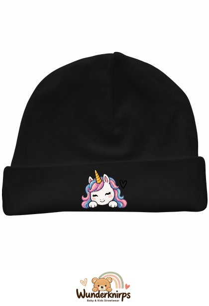 Umschlagmütze Rox-01 in Schwarz mit Motiv Einhorn mit Herz