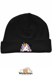 Umschlagmütze Rox-01 in Schwarz mit Motiv Einhorn mit Herz