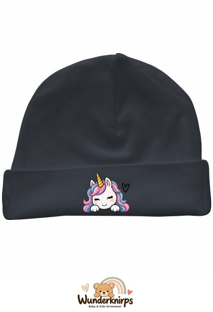 Umschlagmütze Rox-01 in Anthrazit mit Motiv Einhorn mit Herz