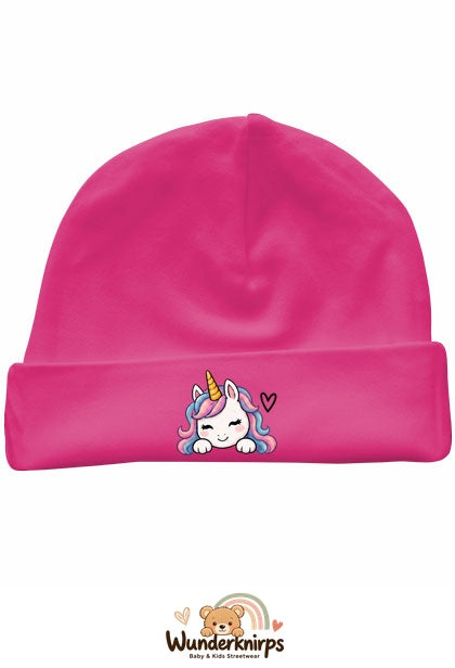 Umschlagmütze Rox-01 in Pink mit Motiv Einhorn mit Herz