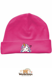 Umschlagmütze Rox-01 in Pink mit Motiv Einhorn mit Herz