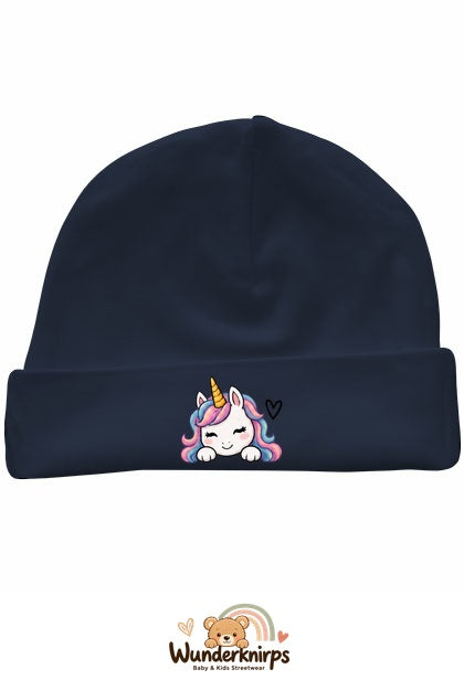 Umschlagmütze Rox-01 in Marineblau mit Motiv Einhorn mit Herz