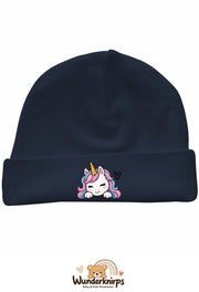 Umschlagmütze Rox-01 in Marineblau mit Motiv Einhorn mit Herz