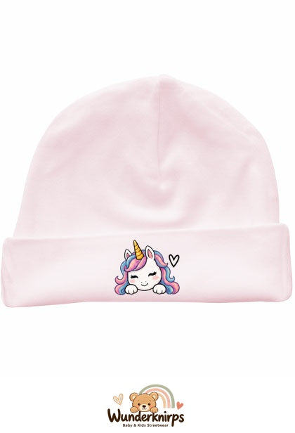 Umschlagmütze Rox-01 in Pastellrosa mit Motiv Einhorn mit Herz