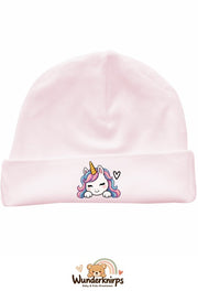 Umschlagmütze Rox-01 in Pastellrosa mit Motiv Einhorn mit Herz