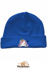 Umschlagmütze Rox-01 in Royalblau mit Motiv Einhorn mit Herz