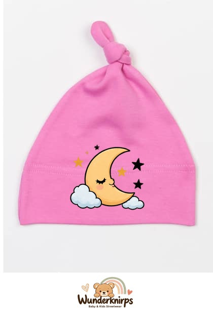 Knotenmütze Babybugz BZ15 in Bubblegum-Pink mit Motiv Mond und Sterne