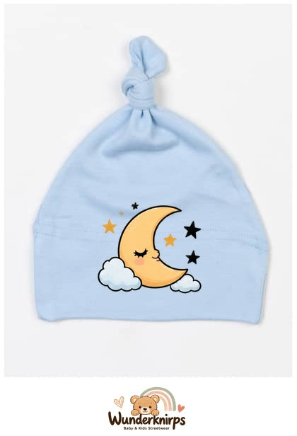 Knotenmütze Babybugz BZ15 in Staubblau mit Motiv Mond und Sterne