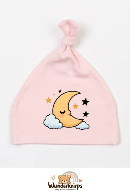 Knotenmütze Babybugz BZ15 in Pastellrosa mit Motiv Mond und Sterne