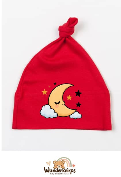 Knotenmütze Babybugz BZ15 in Rot mit Motiv Mond und Sterne
