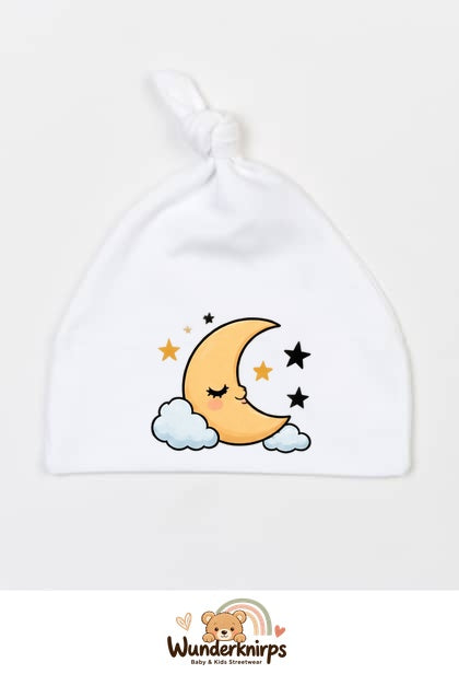 Knotenmütze Babybugz BZ15 in Weiß mit Motiv Mond und Sterne