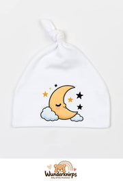 Knotenmütze Babybugz BZ15 in Weiß mit Motiv Mond und Sterne