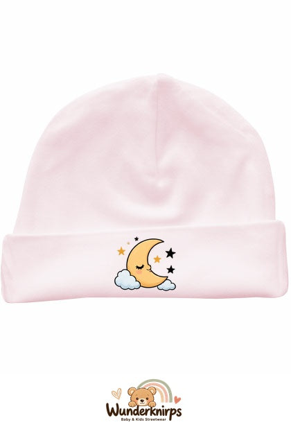 Umschlagmütze Rox-01 in Pastellrosa mit Motiv Mond und Sterne