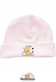 Umschlagmütze Rox-01 in Pastellrosa mit Motiv Mond und Sterne