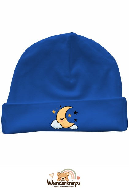 Umschlagmütze Rox-01 in Royalblau mit Motiv Mond und Sterne