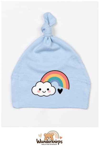 Knotenmütze Babybugz BZ15 in Staubblau mit Motiv Regenbogen mit Wolke
