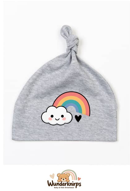 Knotenmütze Babybugz BZ15 in Grau meliert mit Motiv Regenbogen mit Wolke