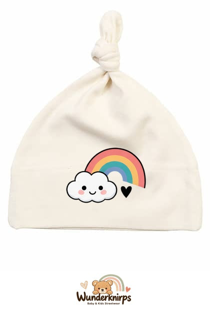 Knotenmütze Babybugz BZ15 in Natur mit Motiv Regenbogen mit Wolke