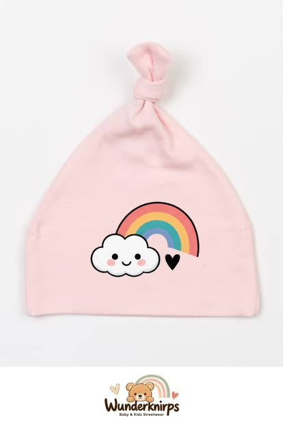 Knotenmütze Babybugz BZ15 in Pastellrosa mit Motiv Regenbogen mit Wolke