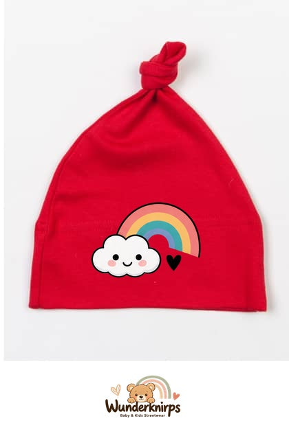 Knotenmütze Babybugz BZ15 in Rot mit Motiv Regenbogen mit Wolke