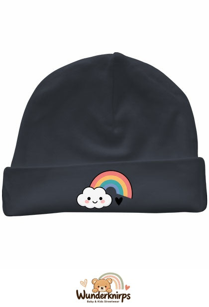 Umschlagmütze Rox-01 in Anthrazit mit Motiv Regenbogen mit Wolke