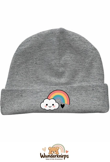Umschlagmütze Rox-01 in Grau meliert mit Motiv Regenbogen mit Wolke