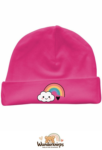 Umschlagmütze Rox-01 in Pink mit Motiv Regenbogen mit Wolke
