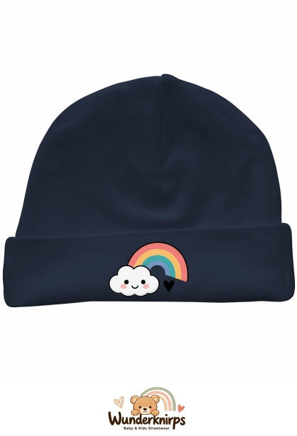 Umschlagmütze Rox-01 in Marineblau mit Motiv Regenbogen mit Wolke
