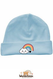 Umschlagmütze Rox-01 in Pastellblau mit Motiv Regenbogen mit Wolke