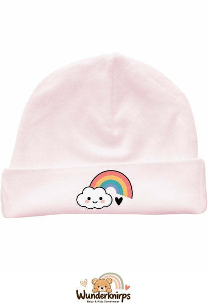 Umschlagmütze Rox-01 in Pastellrosa mit Motiv Regenbogen mit Wolke