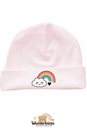 Umschlagmütze Rox-01 in Pastellrosa mit Motiv Regenbogen mit Wolke