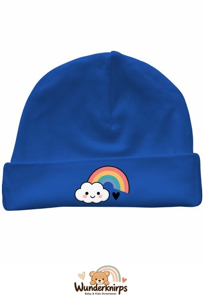 Umschlagmütze Rox-01 in Royalblau mit Motiv Regenbogen mit Wolke