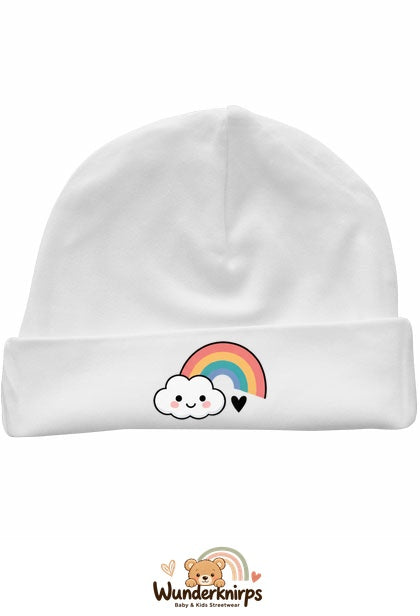 Umschlagmütze Rox-01 in Weiß mit Motiv Regenbogen mit Wolke