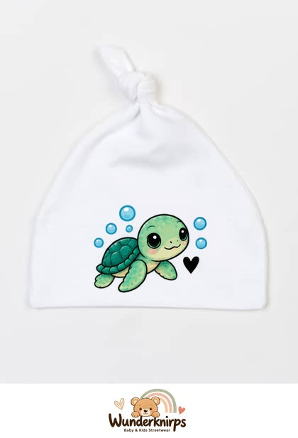 Knotenmütze Babybugz BZ15 in Weiß mit Motiv Schildkröte mit Herz