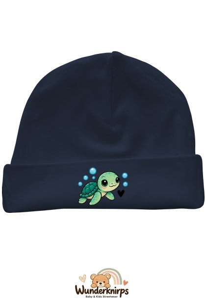 Umschlagmütze Rox-01 in Marineblau mit Motiv Schildkröte mit Herz