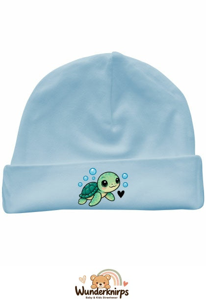 Umschlagmütze Rox-01 in Pastellblau mit Motiv Schildkröte mit Herz