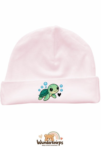 Umschlagmütze Rox-01 in Pastellrosa mit Motiv Schildkröte mit Herz