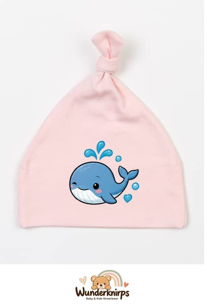 Knotenmütze Babybugz BZ15 in Pastellrosa mit Motiv Wal mit Herzen