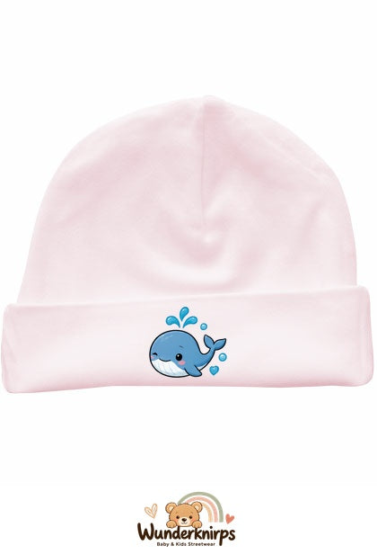 Umschlagmütze Rox-01 in Pastellrosa mit Motiv Wal mit Herzen